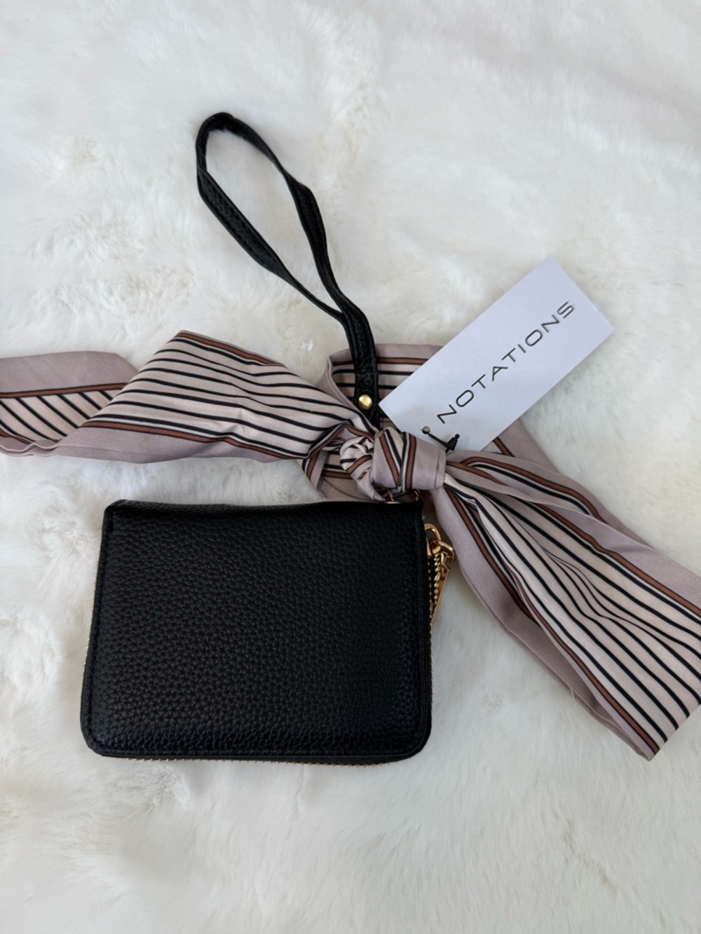 NOTATIONS Black Pebble Leather Wristlet with Striped Scarf Accent